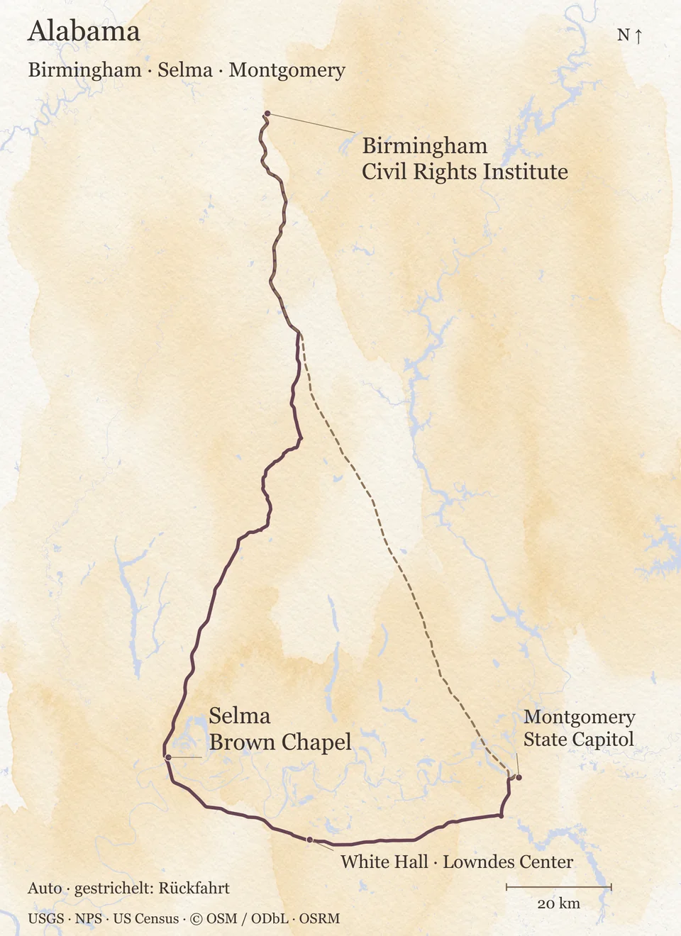 Autostrecken zwischen Birmingham, Selma, dem Lowndes Interpretive Center und Montgomery mit gestrichelter Rückfahrt nach Birmingham.