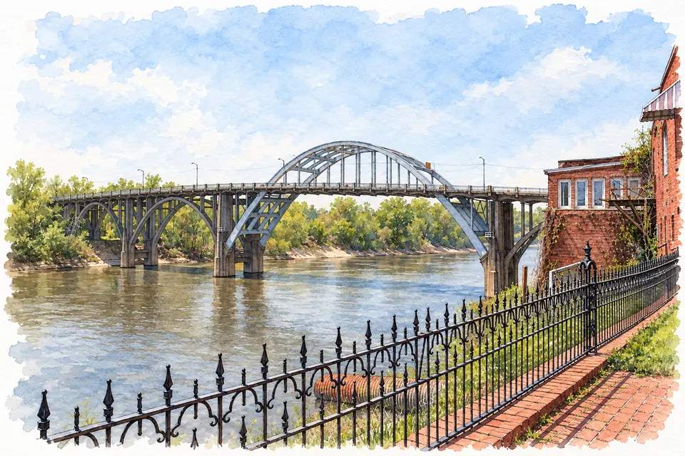 Aquarell einer Bogenbrücke mit Pfeilern über einem breiten braunen Fluss, rechts ein Backsteinbau, vorn ein schwarzes Eisengeländer am Ufer.