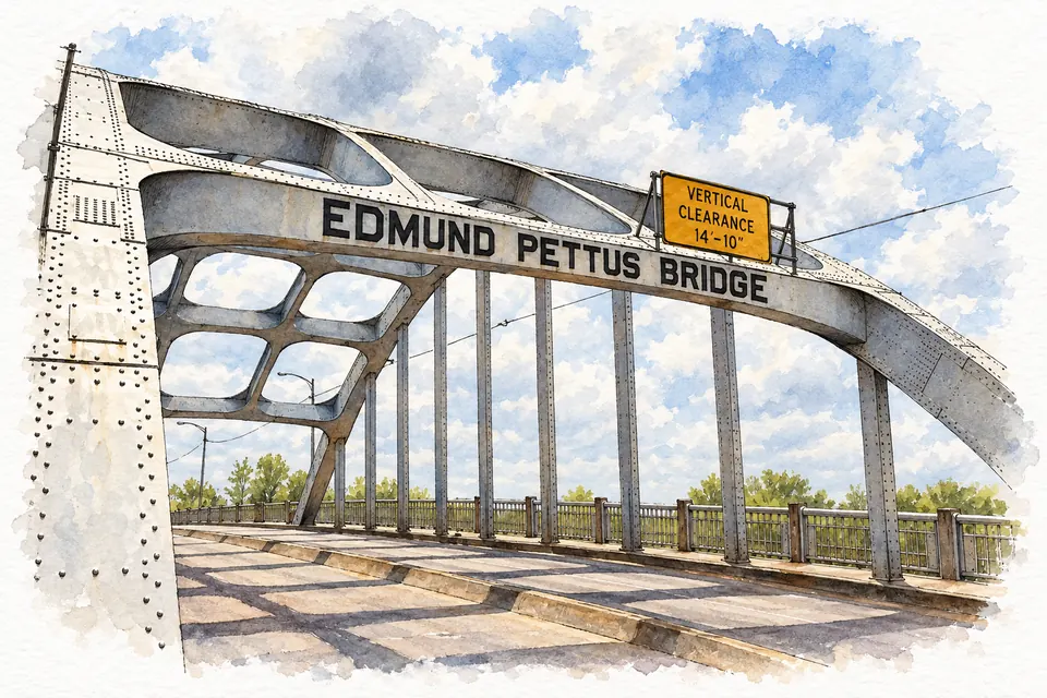 Aquarell des stählernen Brückenbogens mit dem Schriftzug „Edmund Pettus Bridge“ und einem gelben Schild zur Durchfahrtshöhe, darunter die Fahrbahn mit Geländer.