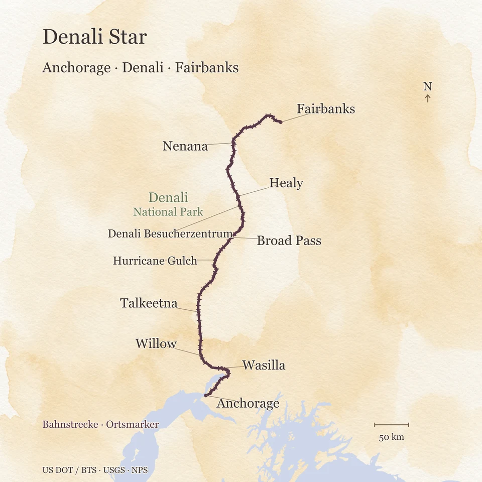 Aquarellkarte der Bahnstrecke des Denali Star von Anchorage über Wasilla, Talkeetna und das Gebiet am Denali National Park nach Fairbanks mit Hurricane Gulch, Broad Pass und weiteren Orten zur Orientierung.