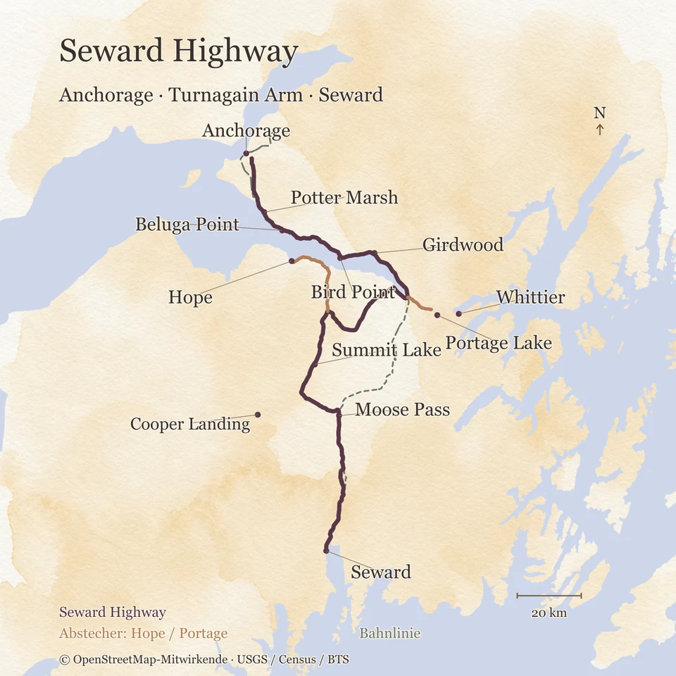 Aquarellkarte des Seward Highway von Anchorage am Turnagain Arm entlang nach Seward, mit den Abstechern nach Hope und ins Portage Valley, der Bahnlinie und Orten zur Orientierung.