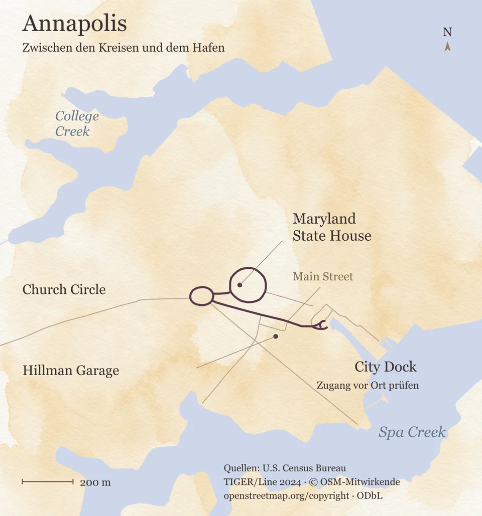 Orientierungskarte des historischen Stadtkerns von Annapolis mit State House, Church Circle, Main Street, City Dock, Hillman Garage, College Creek und Spa Creek.