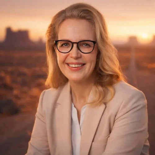 Porträt von Sylvia Spleth mit Brille und hellem Blazer vor einer Wüstenlandschaft im Abendlicht.