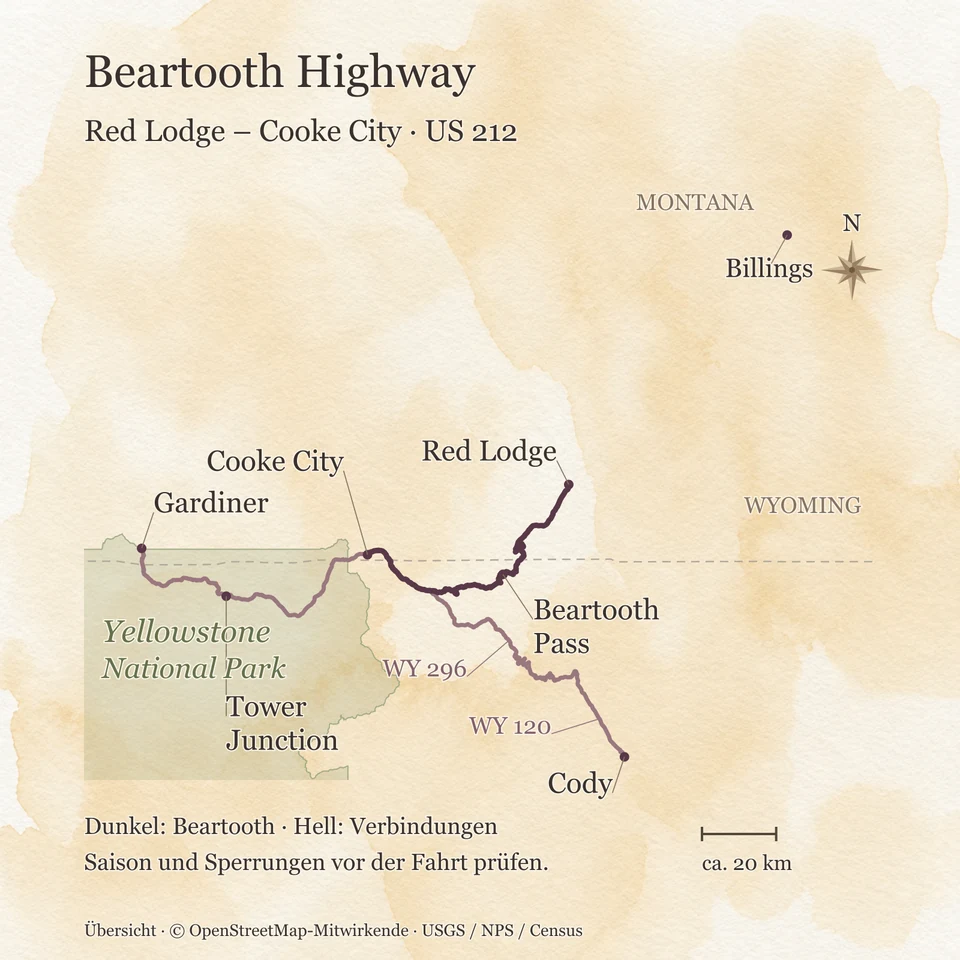 Übersichtskarte des Beartooth Highway auf der US 212 von Red Lodge über den Beartooth Pass nach Cooke City, mit Verbindungen nach Cody und über Tower Junction nach Gardiner sowie dem Yellowstone National Park; Billings ist als Ort zur Orientierung eingezeichnet.