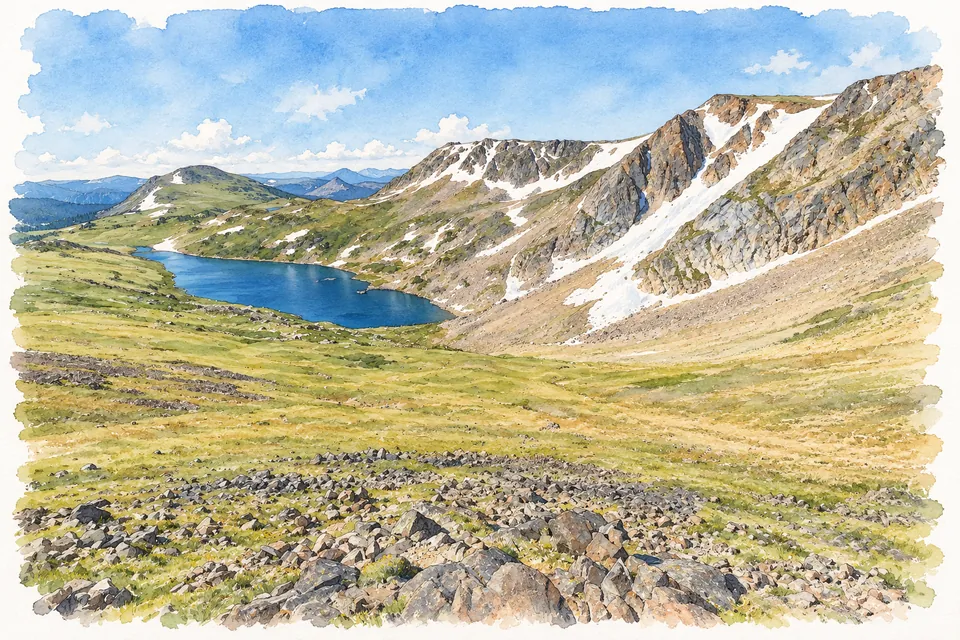 Aquarell eines blauen Bergsees unter einer felsigen Hochkante mit Schneefeldern, davor baumlose grüne Hochflächen und dunkle Steine.