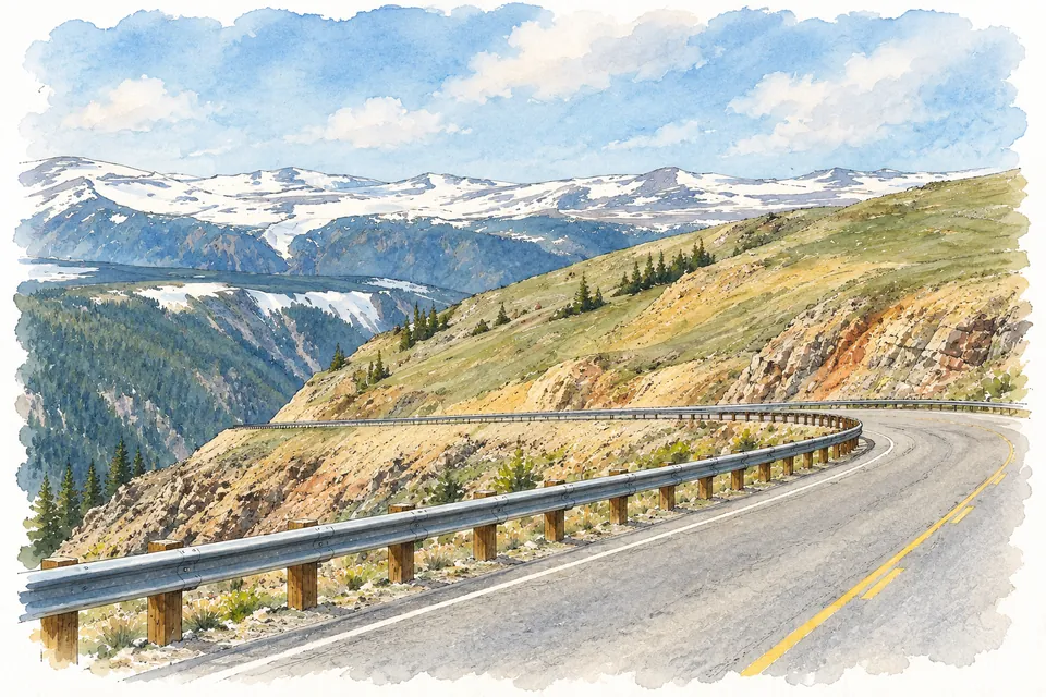 Aquarell einer kurvigen Bergstraße mit Metallleitplanke an einem steilen Hang, dahinter ein bewaldetes Tal und Hochflächen mit Schneefeldern.