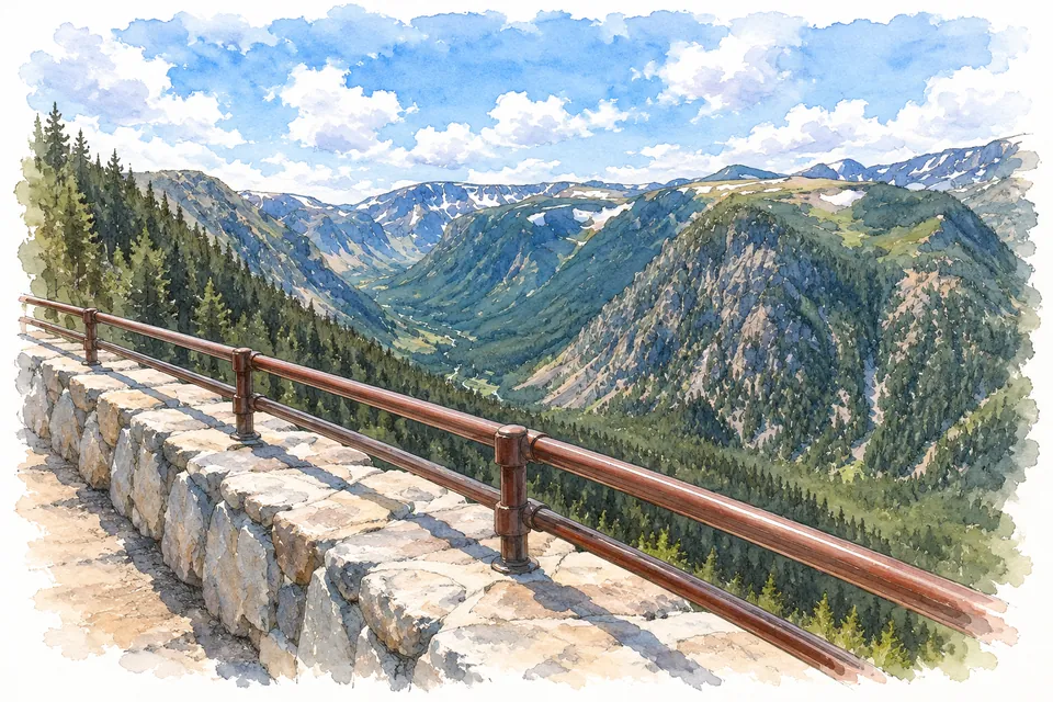 Aquarell einer steinernen Aussichtsbrüstung mit braunem Metallgeländer vor einer tiefen bewaldeten Bergschlucht und Hochkanten mit Schneeresten.