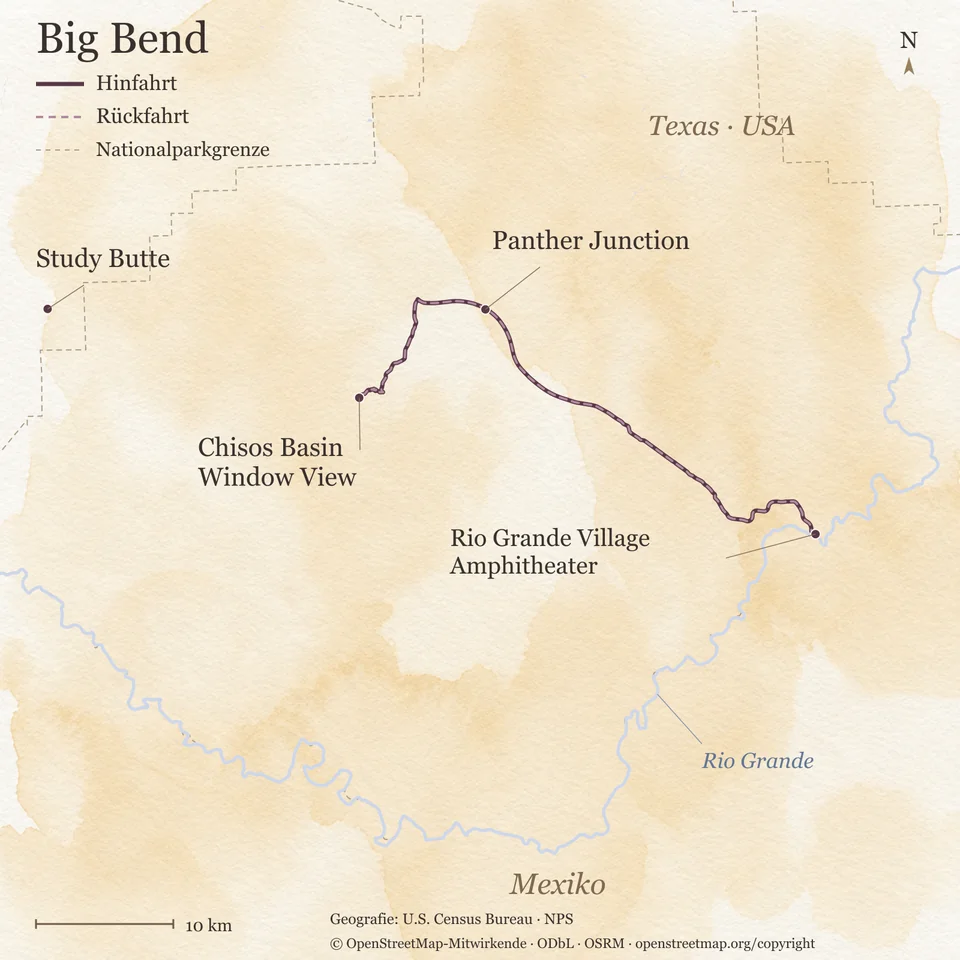 Orientierungskarte des Big Bend National Park mit der Fahrt vom Chisos Basin über Panther Junction zum Amphitheater in Rio Grande Village und zurück, dazu Study Butte, die Nationalparkgrenze, der Rio Grande als Grenze zwischen Texas und Mexiko und ein Maßstab für 10 Kilometer.