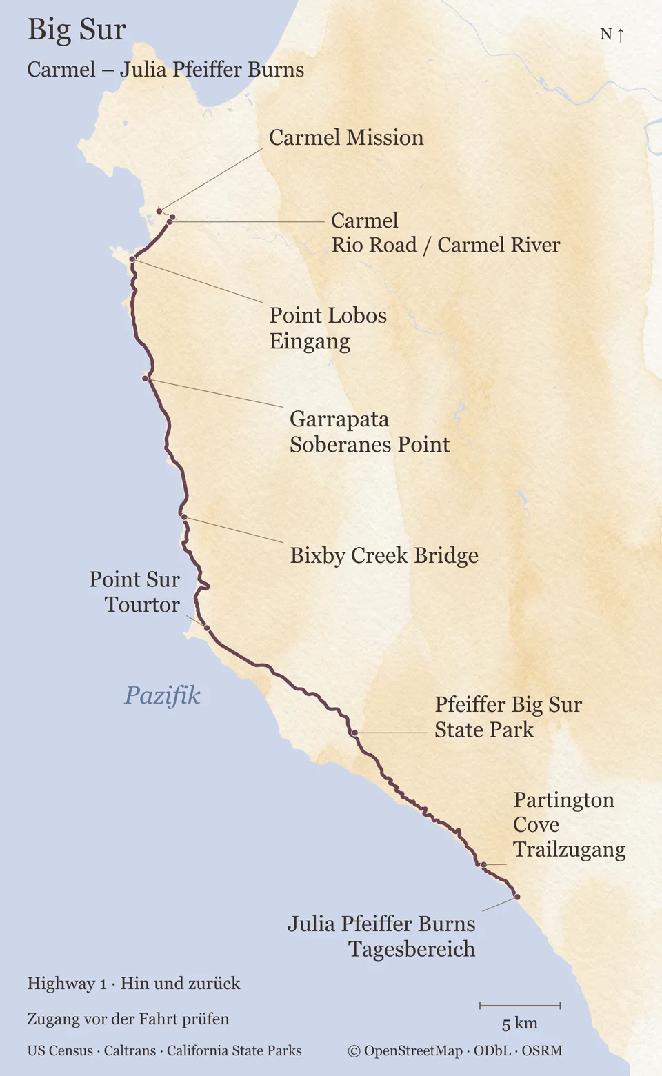 Highway 1 von Carmel River und Rio Road bis zum Julia Pfeiffer Burns State Park mit Carmel Mission, Point Lobos, Soberanes Point, Bixby Creek Bridge, Point-Sur-Tourtor, Pfeiffer Big Sur und Partington-Cove-Trailzugang.