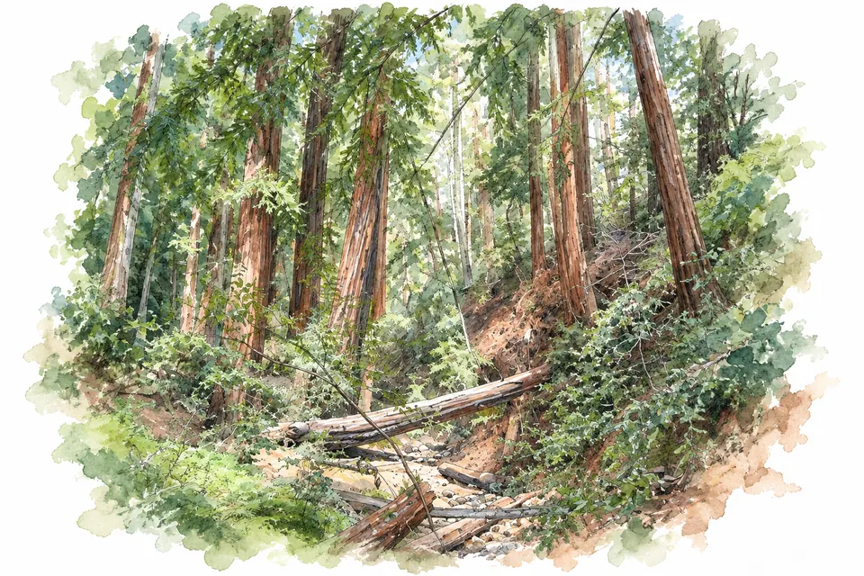 Aquarell hoher rotbrauner Redwood-Stämme und grünen Unterwuchses an einem steilen Bachbett mit liegenden Baumstämmen.