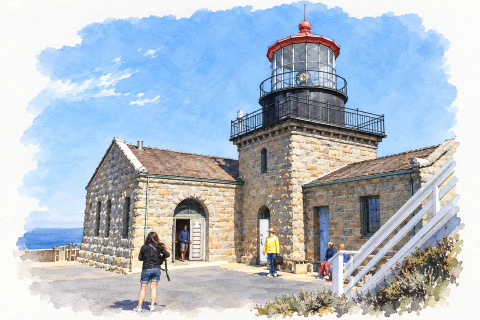 Aquarell eines gedrungenen Steinturms mit verglaster Laterne, rotem Dach und weißer Außentreppe, davor Besucher.