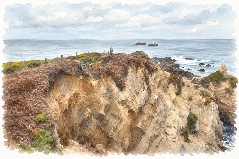 Aquarell einer hellen, erodierten Klippe mit Küstenbewuchs vor dem Pazifik und zwei vorgelagerten Felsen.