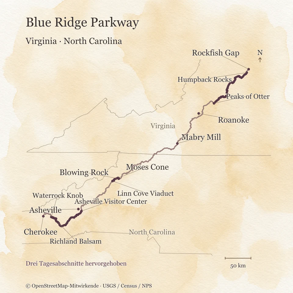 Aquarellkarte des Blue Ridge Parkway von Rockfish Gap in Virginia bis Cherokee in North Carolina mit drei hervorgehobenen Tagesabschnitten, Besucherzentren, Asheville, Roanoke und Blowing Rock.