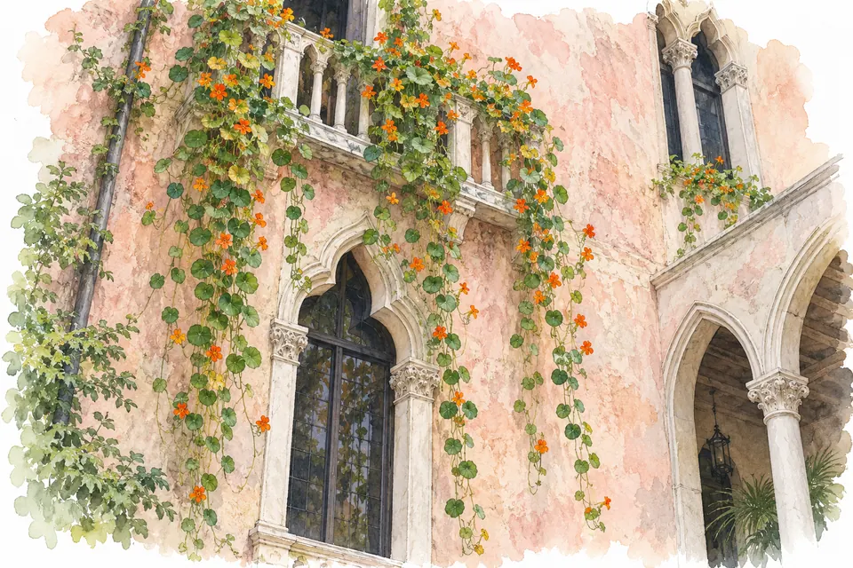 Aquarell langer Ranken mit orangefarbenen Blüten und runden Blättern, die von Balkonen an einer rosa Hofwand mit Spitzbogenfenstern herabhängen.