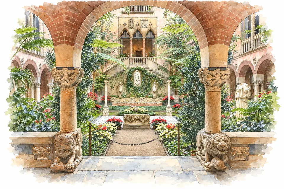 Aquarell des Innenhofs im Isabella Stewart Gardner Museum, gesehen durch einen Backsteinbogen auf zwei Säulen mit Löwenfiguren am Fuß. Dahinter führt ein Weg zwischen Pflanzen auf eine Rückwand mit Doppeltreppe und drei Spitzbogenfenstern zu.