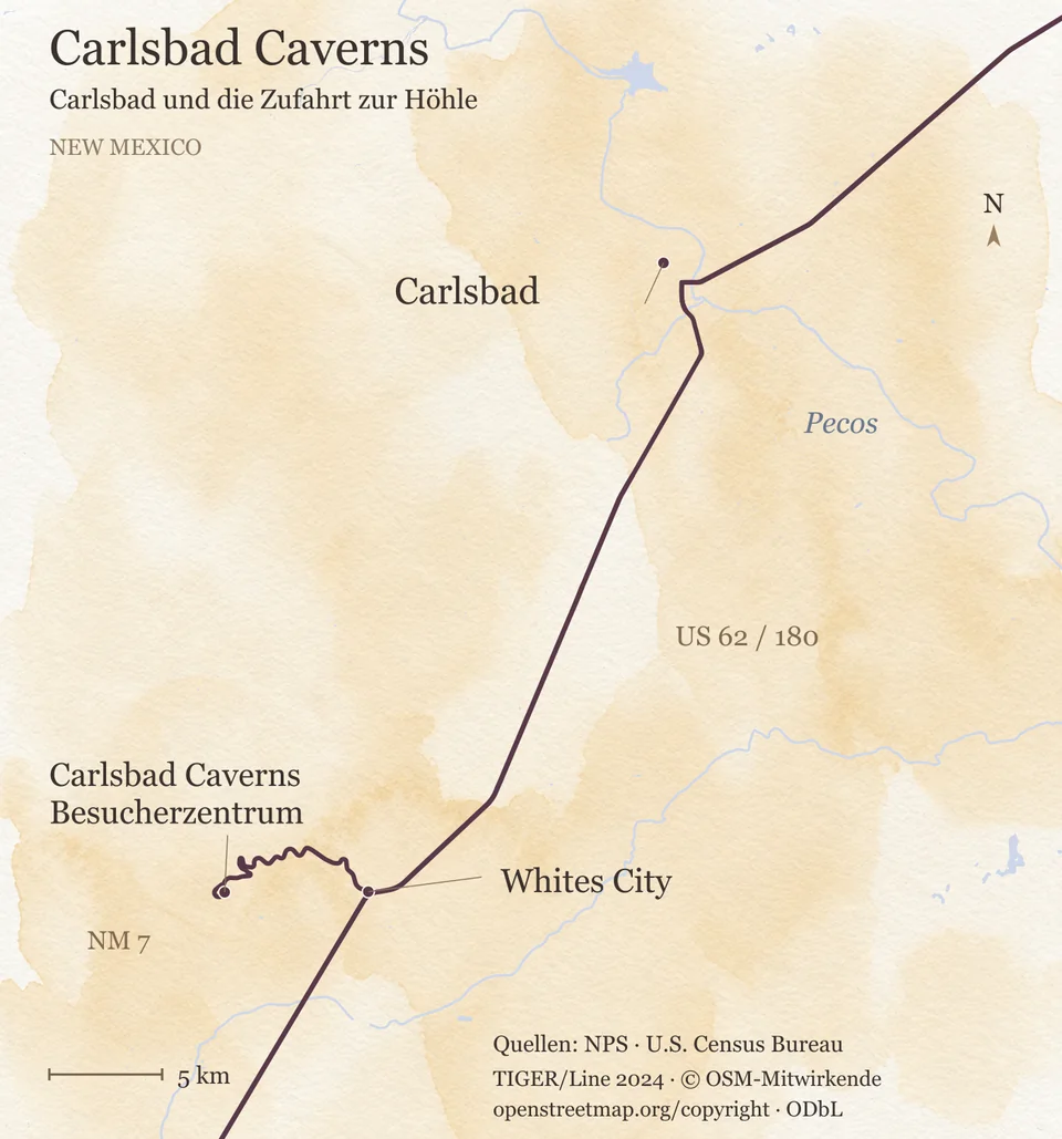 Orientierungskarte von Carlsbad über Whites City zum Besucherzentrum von Carlsbad Caverns, mit US 62/180, NM 7 und Pecos River.