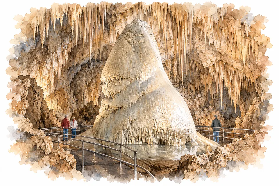 Aquarell eines großen, kegelförmigen hellen Stalagmiten über einem flachen Wasserbecken. Darüber hängen viele schmale Tropfsteine, an den Geländern links und rechts stehen Besucher.