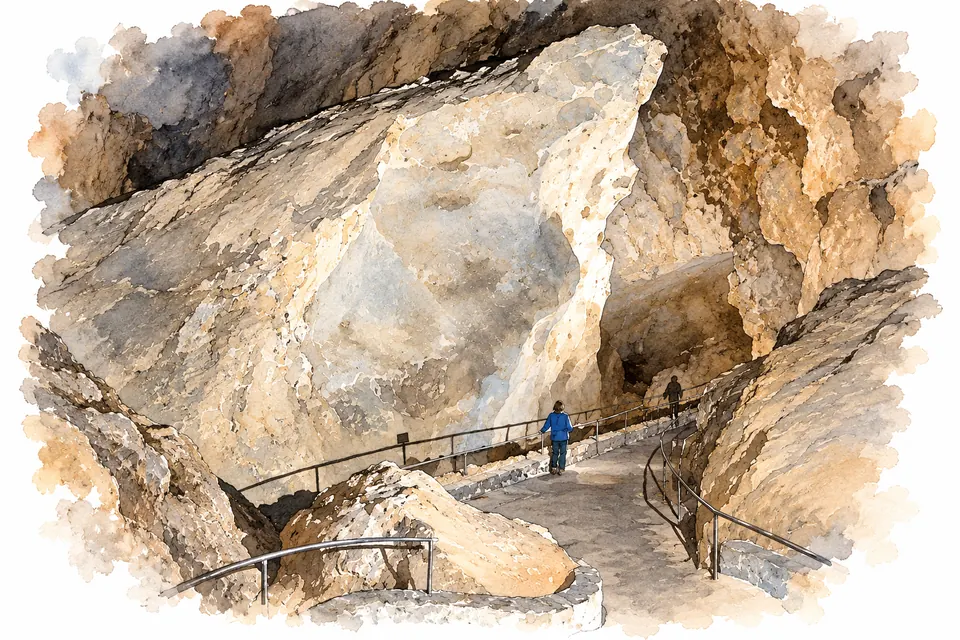 Aquarell eines riesigen, hellen Felsblocks mit schräger Oberfläche in einem Höhlengang. Daneben führt ein Weg mit Geländer abwärts, auf dem zwei kleine Personen gehen.