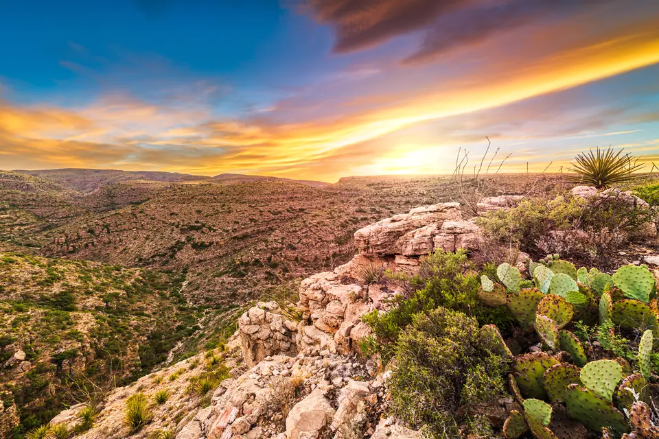 Blick über ein weites, mit Sträuchern bewachsenes Canyonland bei Sonnenuntergang. Im Vordergrund helle Kalkfelsen, Feigenkakteen und eine Yucca.