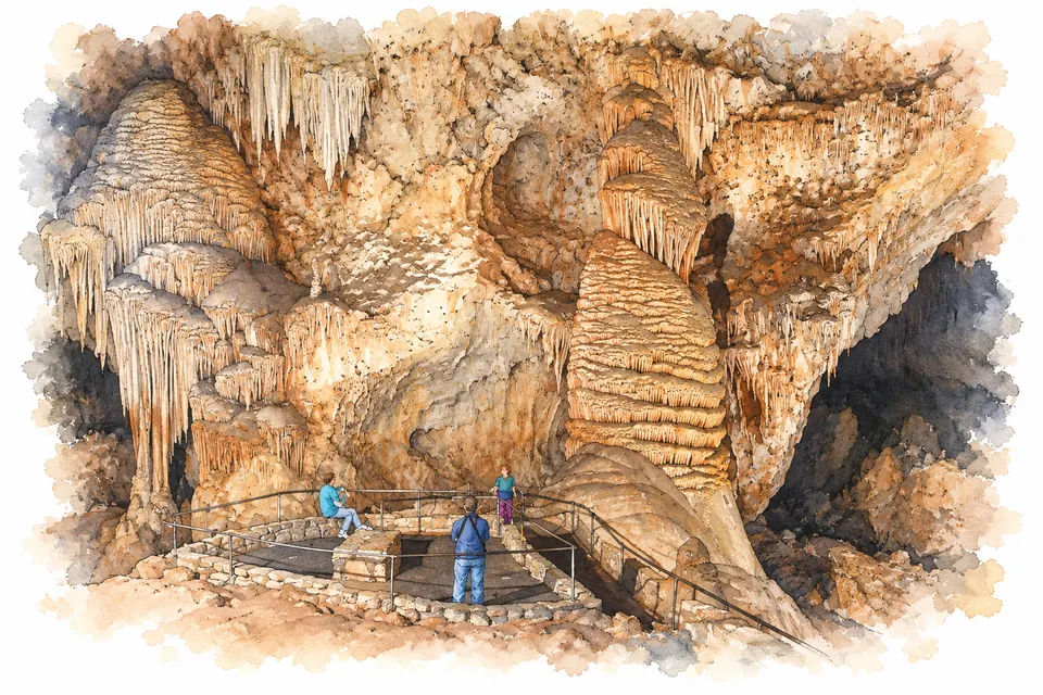 Aquarell einer hohen, gerippten Tropfsteinformation neben weiteren Säulen und Sinterfahnen. Davor eine kleine, von Geländern umgebene Aussichtsfläche mit drei Personen.