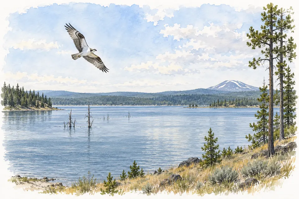 Aquarell: Ein Fischadler mit weißer Unterseite, dunklem Augenstreif und langen geknickten Flügeln fliegt über einen breiten Stausee mit abgestorbenen Baumstämmen und Kiefern am Ufer.