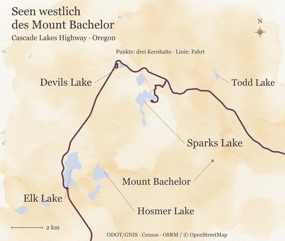 Detailkarte der Seen westlich des Mount Bachelor in Oregon mit Todd Lake, Sparks Lake, Devils Lake, Elk Lake und Hosmer Lake.