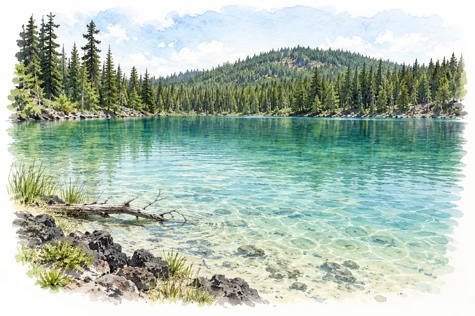 Aquarell: Grünblaues flaches Wasser mit sichtbarem hellem Grund, einzelnen dunklen Ufersteinen und dichtem Nadelwald an einem niedrigen bewaldeten Hang.