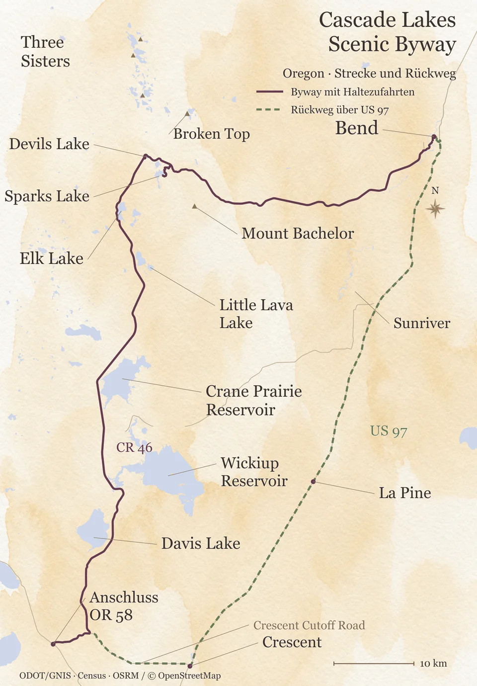 Karte des Cascade Lakes Scenic Byway in Oregon von Bend bis zur OR 58 mit Seen und Rückweg über die US 97.