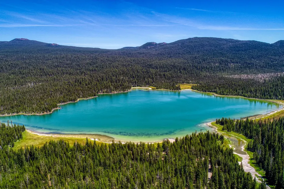 Luftbild eines türkisfarbenen Sees im Nadelwald, vorn rechts ein heller, schmaler Streifen, der vom Ufer wegführt.