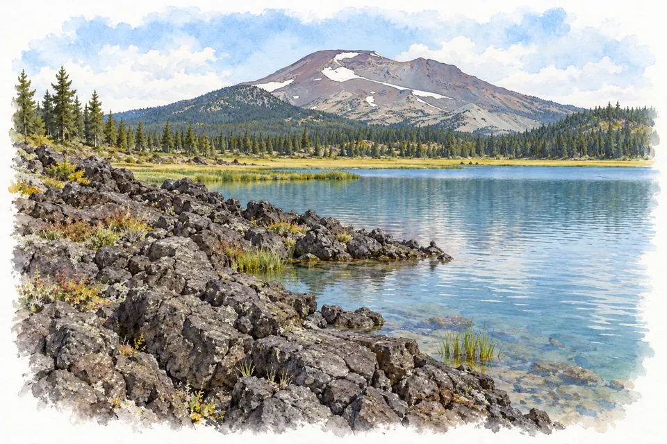 Aquarell: Kantiges dunkles Lavagestein am flachen Seeufer, dahinter Wasser, eine Wiese, Nadelwald und der breite Vulkangipfel des South Sister.