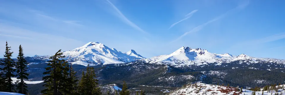 Panorama mehrerer schneebedeckter, zum Teil zackiger Berggipfel über dunklem Nadelwald, vorn verschneiter Boden und einzelne Bäume.