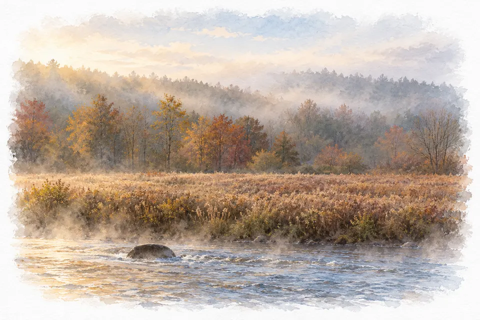 Aquarell: ein flacher Fluss mit einem Stein im Wasser, dahinter eine Uferwiese und herbstlicher Wald im Morgennebel.