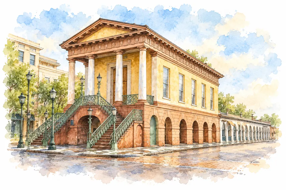 Aquarell eines Tempelbaus mit vier hohen Säulen und Giebel über einem gelben Obergeschoss und einem Sockel mit Rundbögen. Zwei grüne Außentreppen führen hinauf, rechts schließen niedrige Markthallen an.