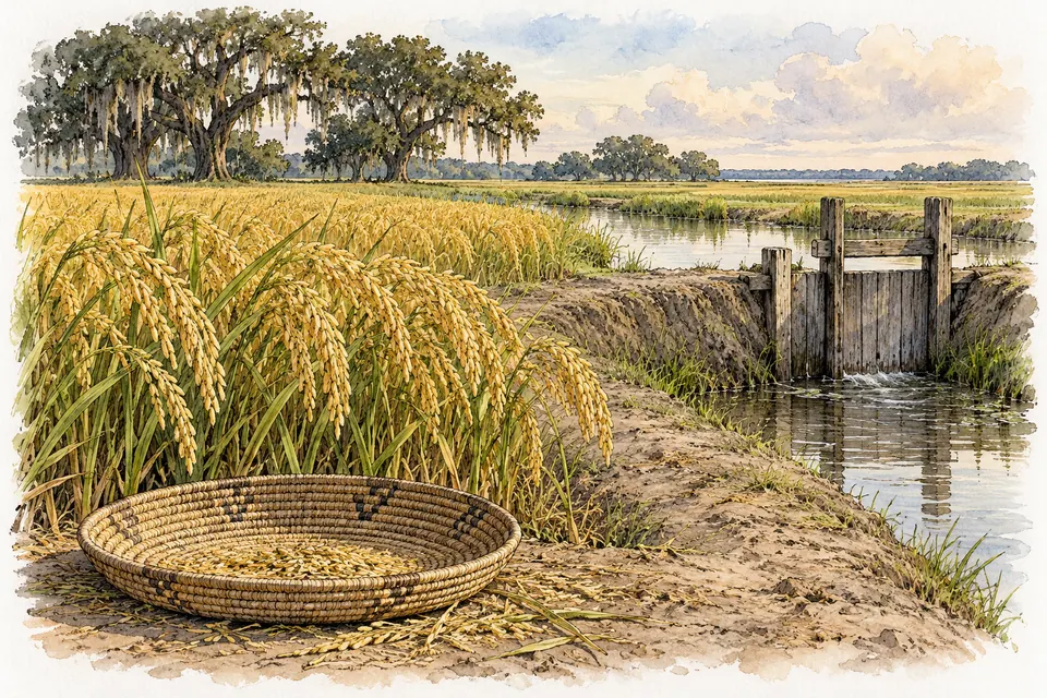 Aquarell eines Felds mit reifem, goldenem Reis an einem Erddeich mit hölzerner Schleuse, vorn ein flacher geflochtener Korb.