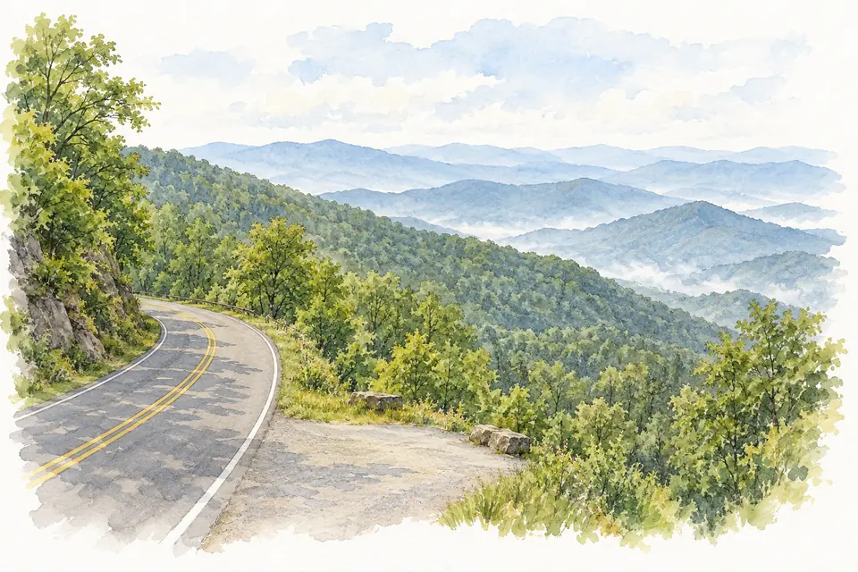 Aquarell einer kurvigen Bergstraße mit Ausweichstelle am bewaldeten Hang, dahinter gestaffelte blaue Bergketten im Dunst.