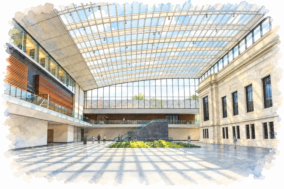 Aquarell des Ames Family Atrium mit gewölbtem Glasdach, heller Museumsfassade, moderner Galerie und Pflanzeninsel.