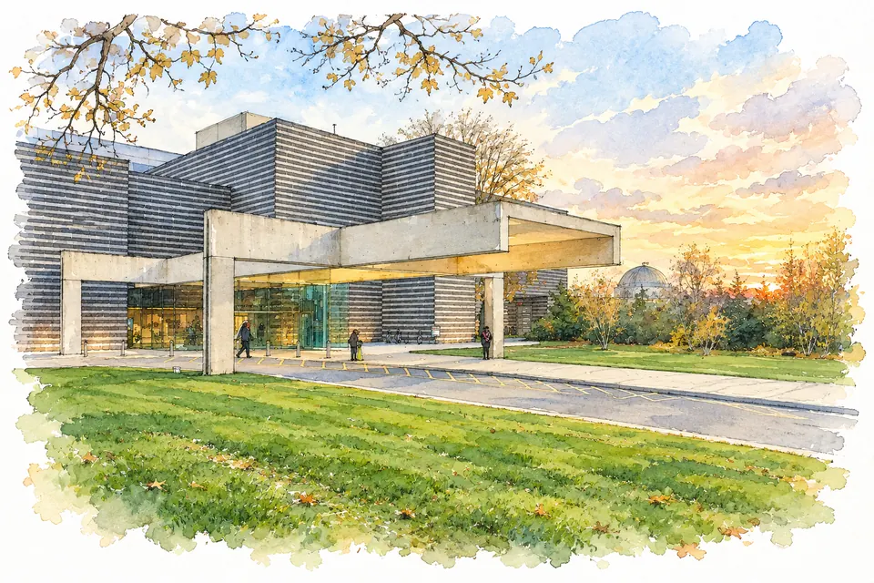 Aquarell des nördlichen Museumseingangs: gestaffelte Baukörper mit hellen und dunklen Bändern, ein flaches Betonvordach und eine Glasfront.