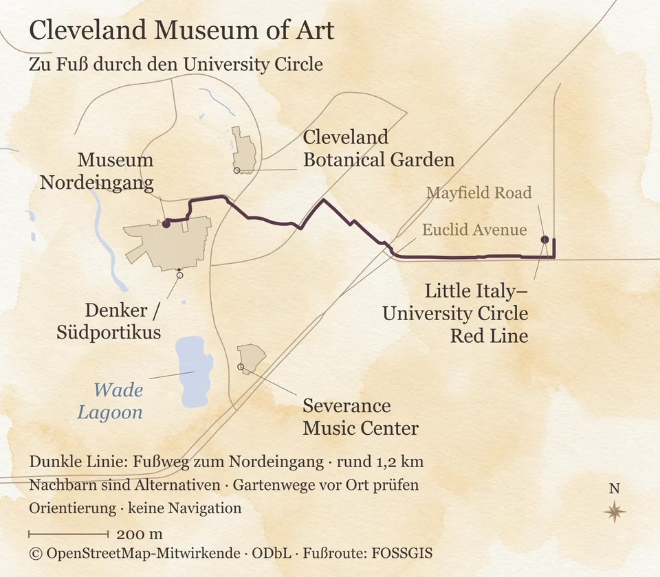 Karte des University Circle mit dem rund 1,2 Kilometer langen Fußweg von der Red-Line-Station Little Italy–University Circle zum Nordeingang des Cleveland Museum of Art; Wade Lagoon, Südportikus, Botanischer Garten und Severance Music Center zur Orientierung.