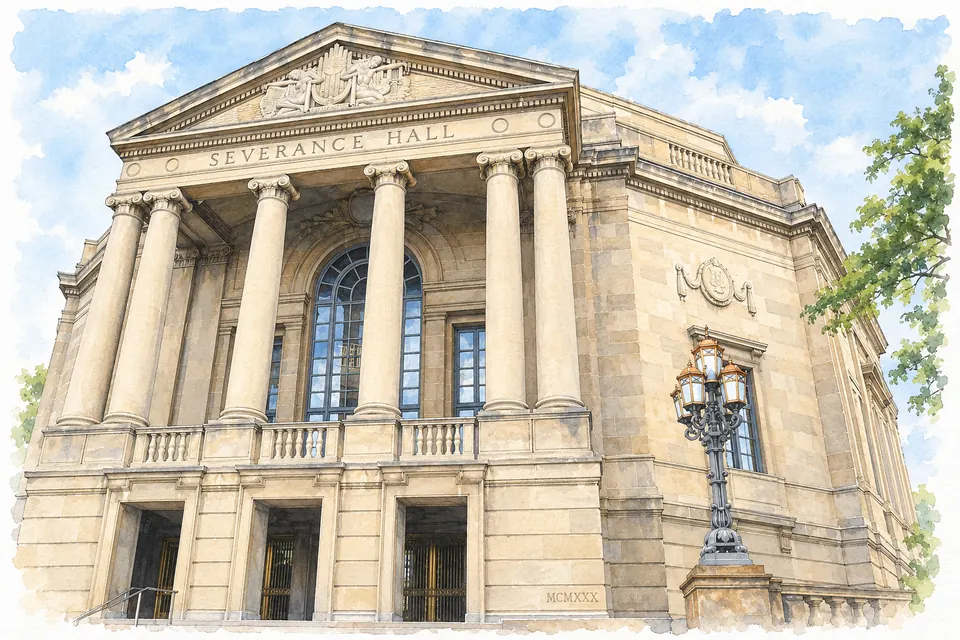 Aquarell der Front von Severance Hall mit ionischen Säulen, Dreiecksgiebel, Inschrift und Laterne.