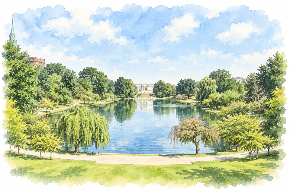 Aquarell der langgestreckten Wade Lagoon mit Uferwegen, Weiden und der kleinen Museumsfassade am gegenüberliegenden Ende.