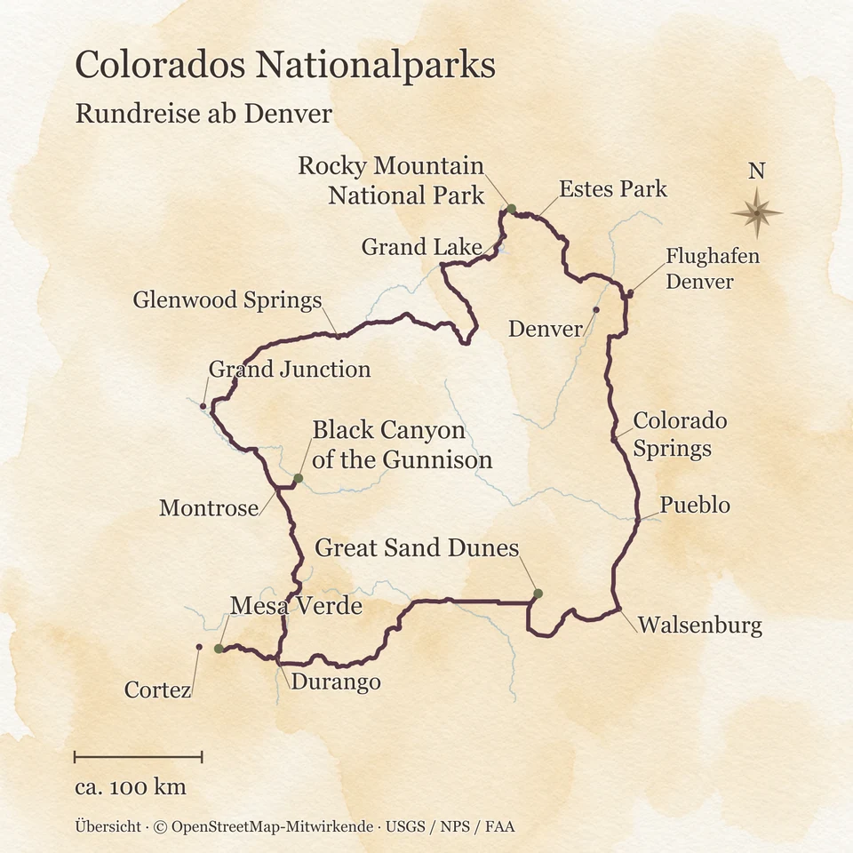 Übersichtskarte der Colorado-Rundreise ab dem Flughafen Denver mit Rocky Mountain, Black Canyon of the Gunnison, Mesa Verde, Great Sand Dunes und ausgewählten Orten.