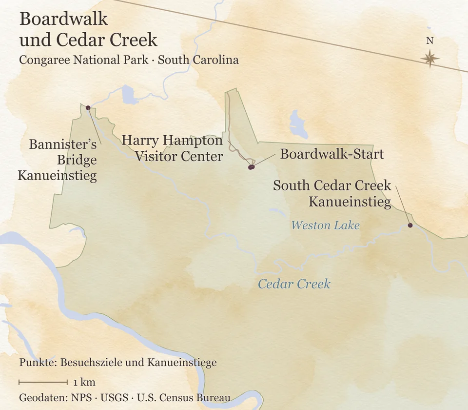 Detailkarte im Congaree National Park in South Carolina mit Visitor Center, Boardwalk-Start, Weston Lake sowie den Cedar-Creek-Kanueinstiegen an Bannister’s Bridge und South Cedar Creek.