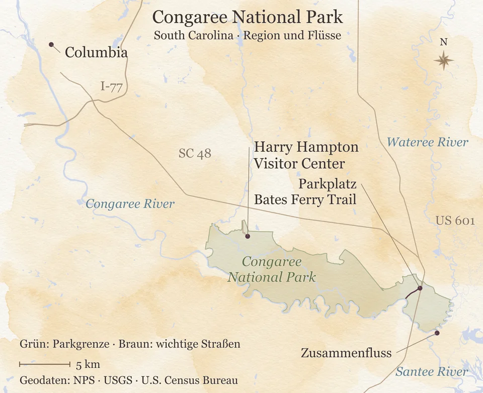Orientierungskarte des Congaree National Park in South Carolina mit Columbia, Visitor Center, Bates-Ferry-Zugang und dem Zusammenfluss von Congaree und Wateree zum Santee River.