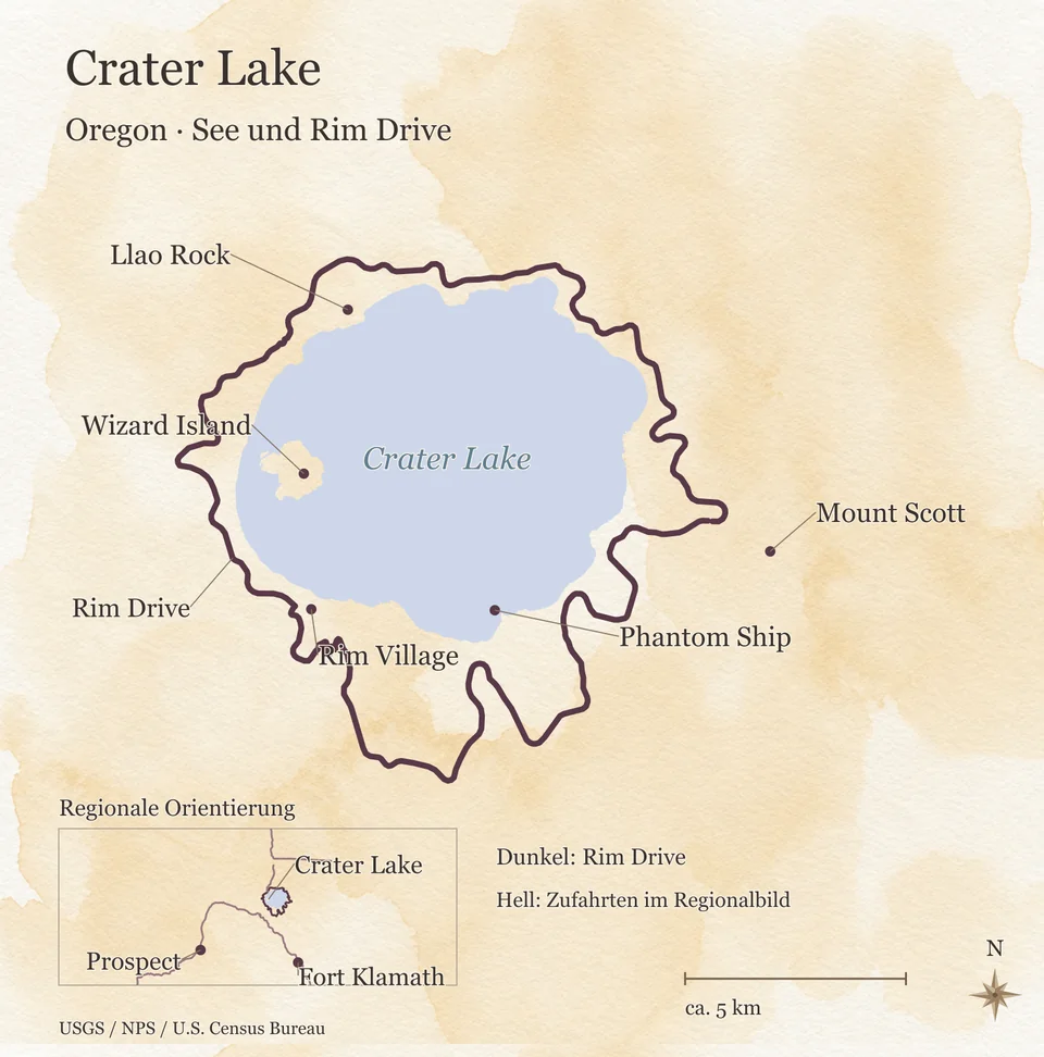 Orientierungskarte des Crater Lake mit Wizard Island, Phantom Ship, Rim Village und Rim Drive; kleines Regionalbild mit Prospect und Fort Klamath.