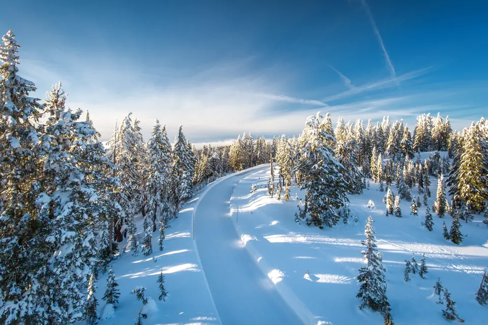 Eine Straße führt in einer Kurve durch tief verschneiten Nadelwald unter blauem Himmel.