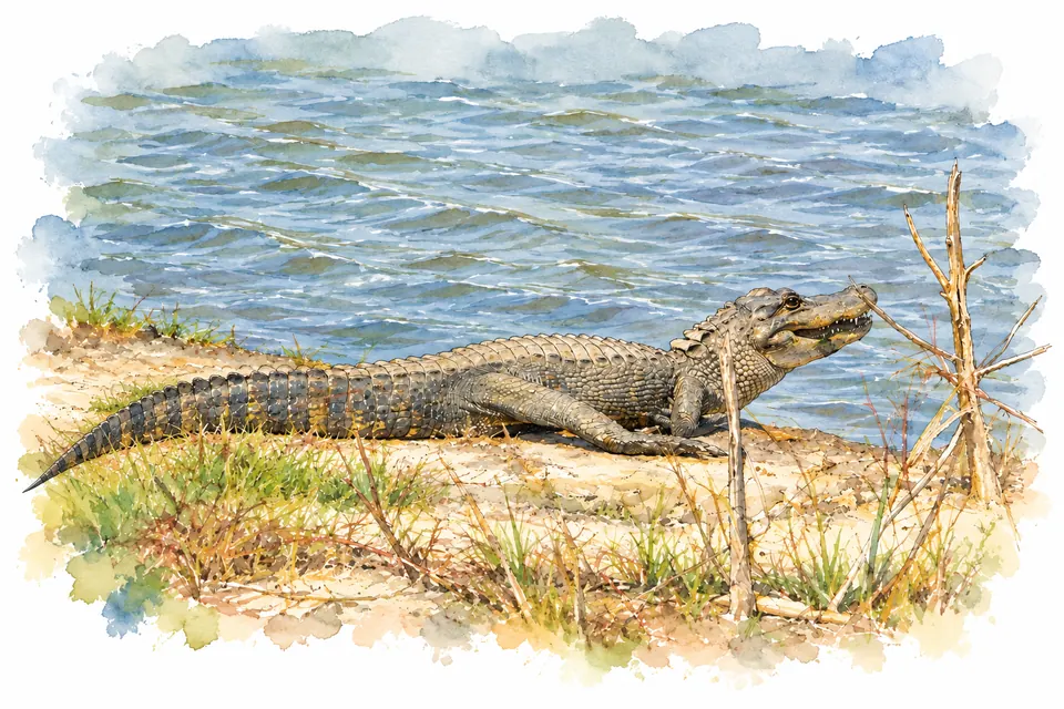 Aquarell eines Alligators mit breitem Kopf und langem, spitz auslaufendem Schwanz auf einem sandigen, grasigen Ufer vor bewegtem Wasser.