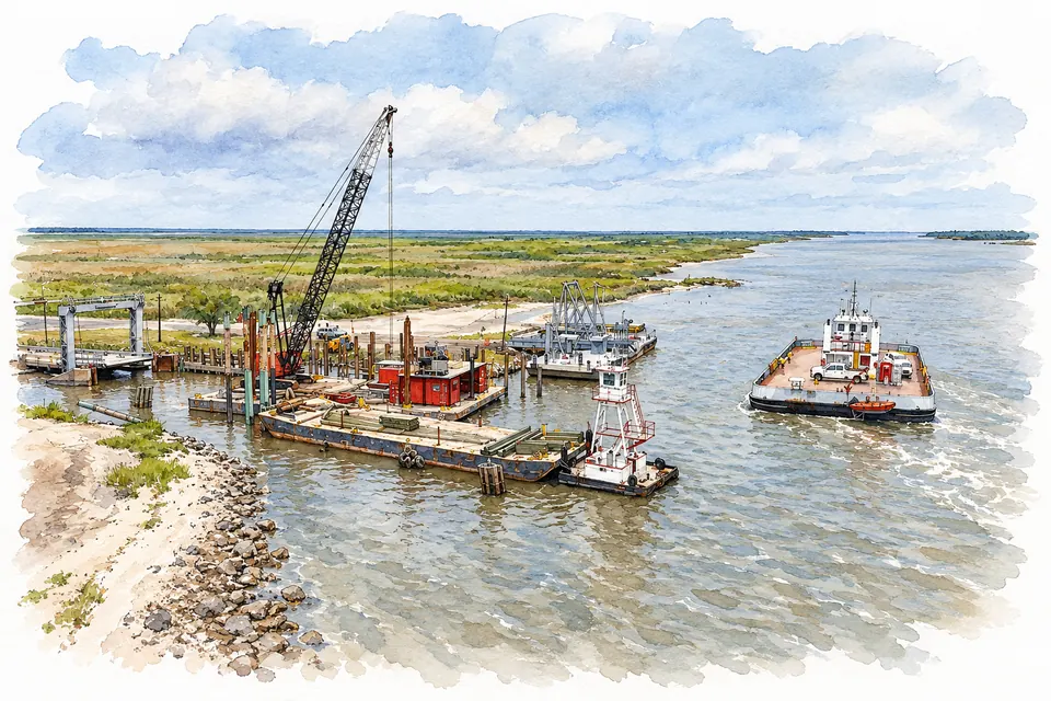 Aquarell des westlichen Fähranlegers am breiten Schifffahrtskanal mit Rampe, Arbeitsbarge und Kran am Ufer, auf dem Wasser eine offene Autofähre mit weißem Steuerhaus.