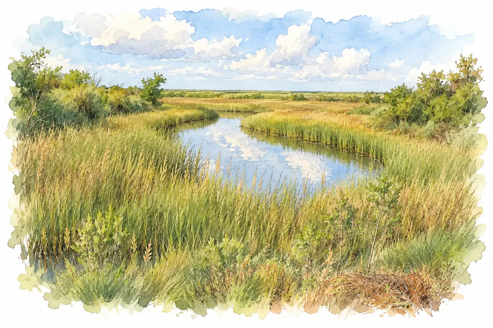 Aquarell eines gewundenen Wasserlaufs zwischen hohen grünen und ockerfarbenen Gräsern, an den Ufern lockeres Buschwerk in der flachen Marsch.