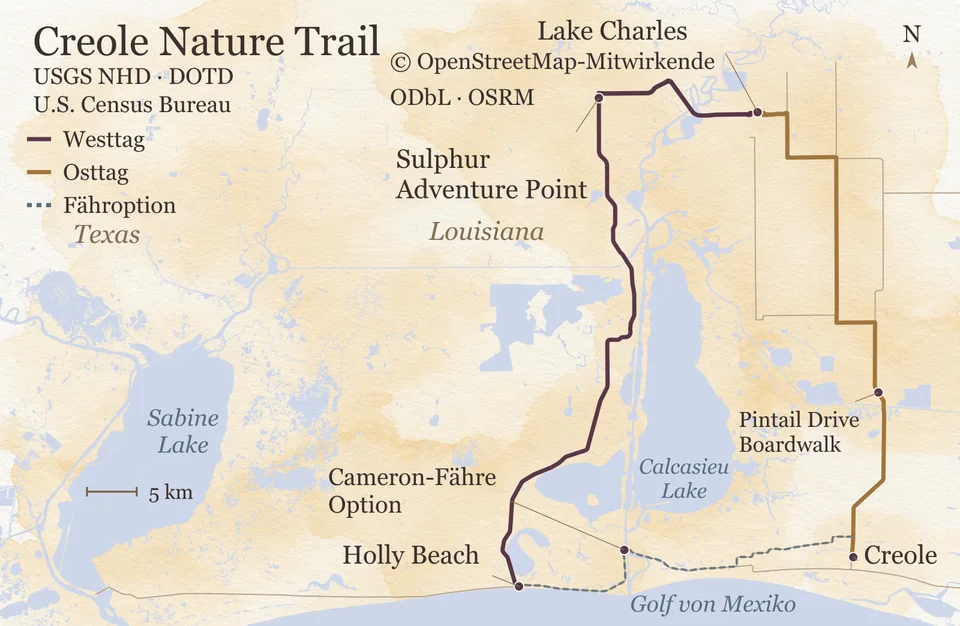Übersicht der zwei getrennten Tagesfahrten ab und bis Lake Charles: am Westtag über Sulphur mit dem Adventure Point und die LA 27 durch die Marsch westlich des Calcasieu Lake bis Holly Beach am Golf, am Osttag südwärts zum Pintail Drive und weiter nach Creole. Gestrichelt die nur optionale Verbindung über die Cameron-Fähre entlang der Küste; im Westen der Sabine Lake an der Grenze zu Texas.