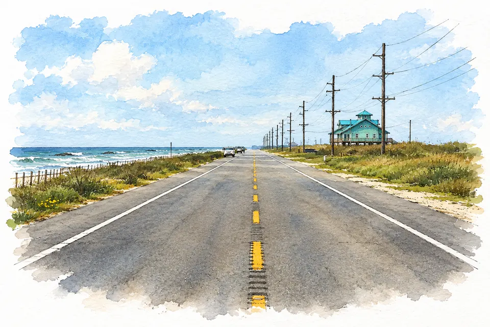 Aquarell einer geraden zweispurigen Straße mit gelber Mittellinie. Links liegen Gras, ein Zaun und die Brandung des Golfs, rechts stehen Strommasten und ein erhöhtes grünes Haus.